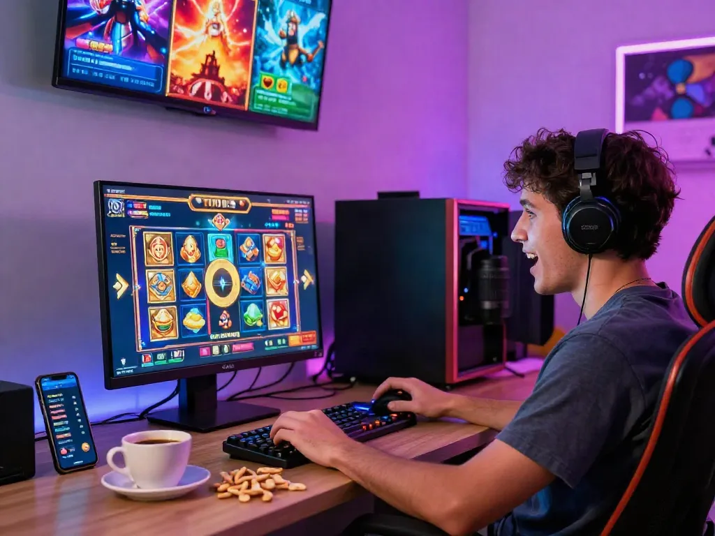Player engaging with exciting slot games in a modern gaming setup, reflecting the thrill of online slots.
