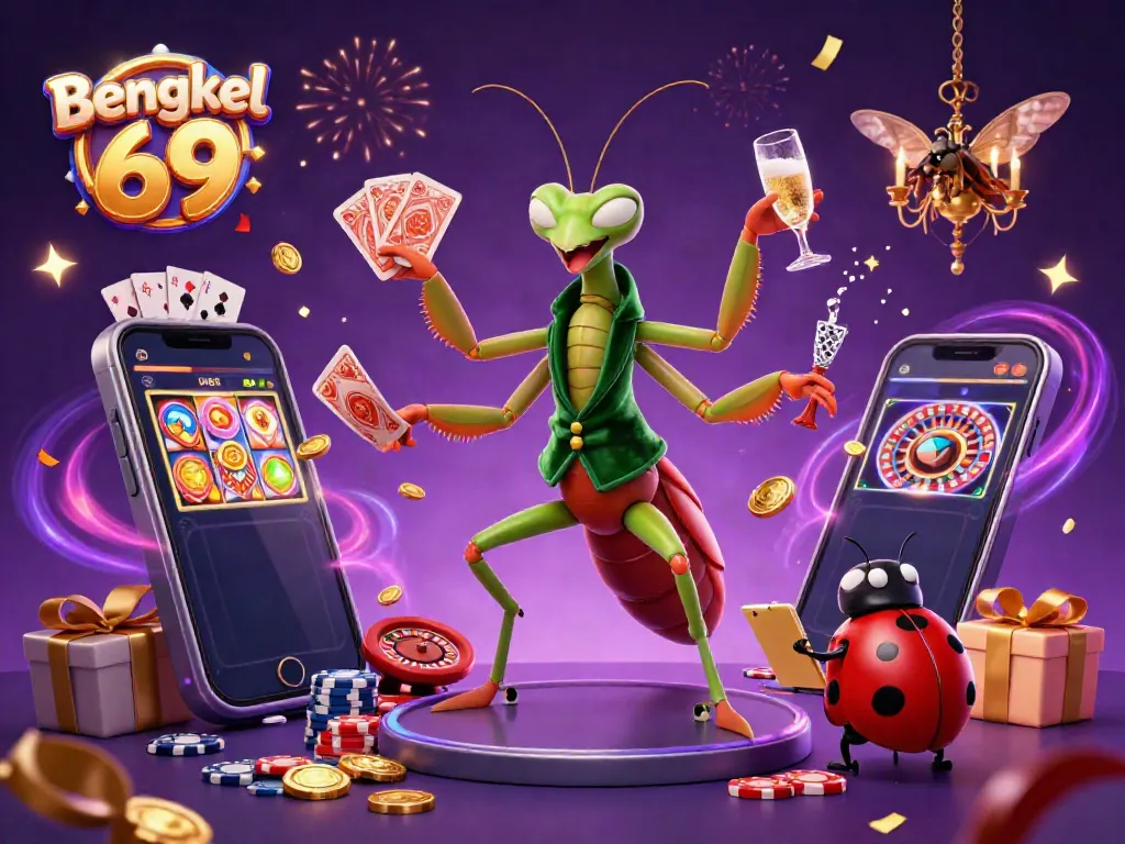 Bengkel 69 showcases a vibrant 3D scene of gambling action with animated characters and casino elements.