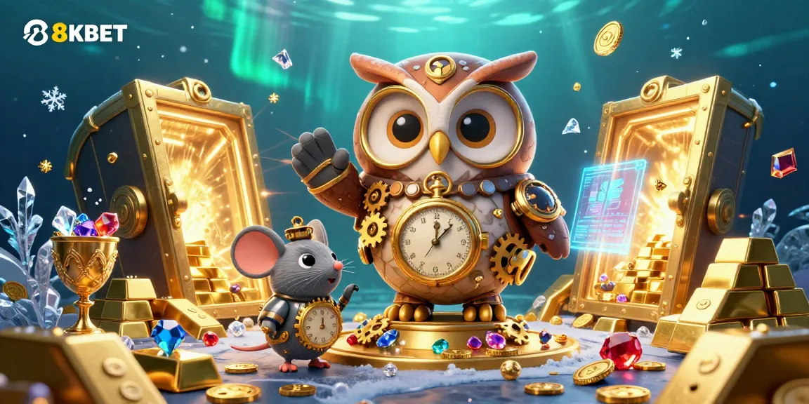 Spin and win with 8KBET in an ultra-detailed 3D casino illustration featuring treasure and gems.
