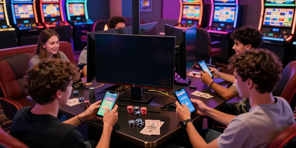 Group enjoying a lively gaming session at situs slot gacor thailand with colorful lights.