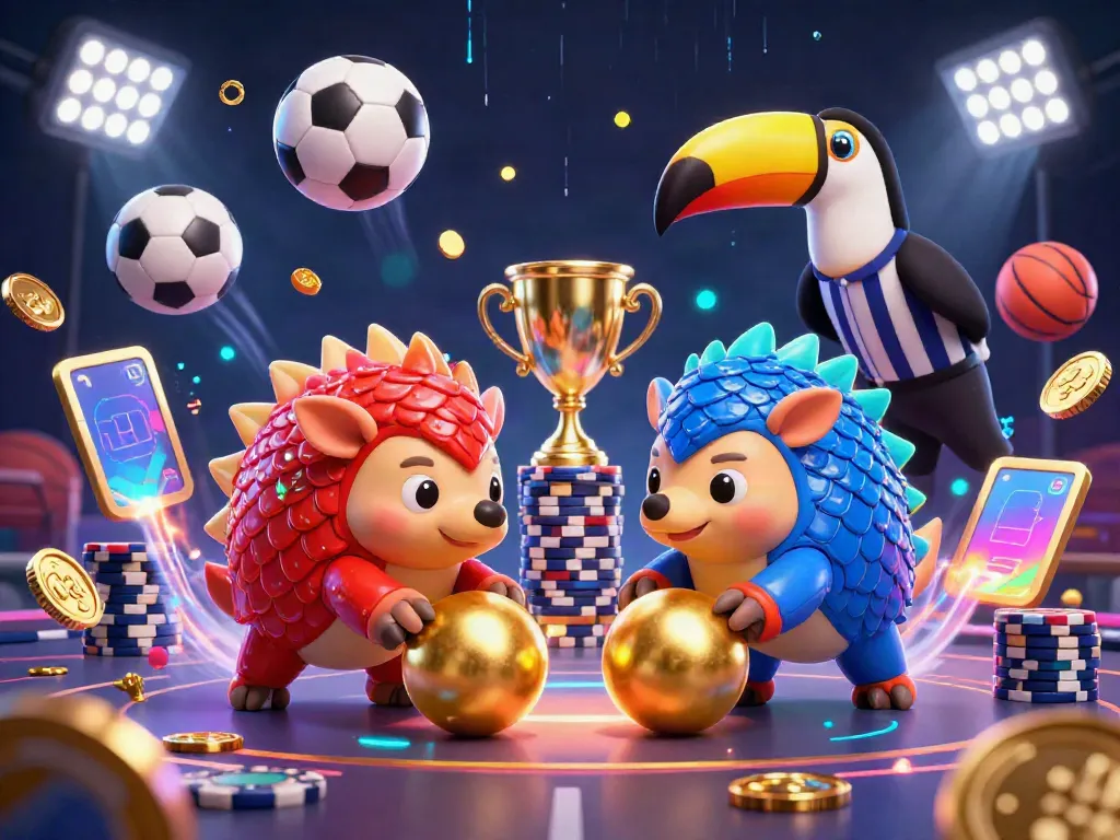 Experience intense sports betting with debet as rival pangolins bowl through poker chips in a vibrant casino world.