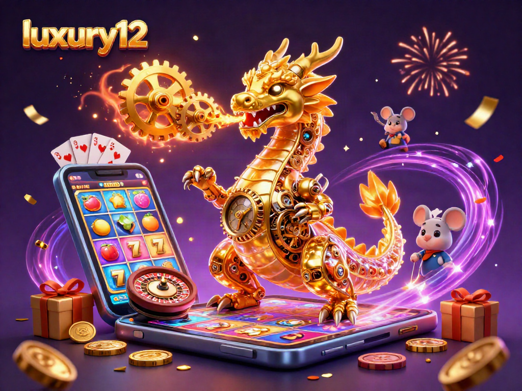 Engage with luxury12's vibrant casino universe featuring a dynamic dragon, golden gears, and exciting slot game