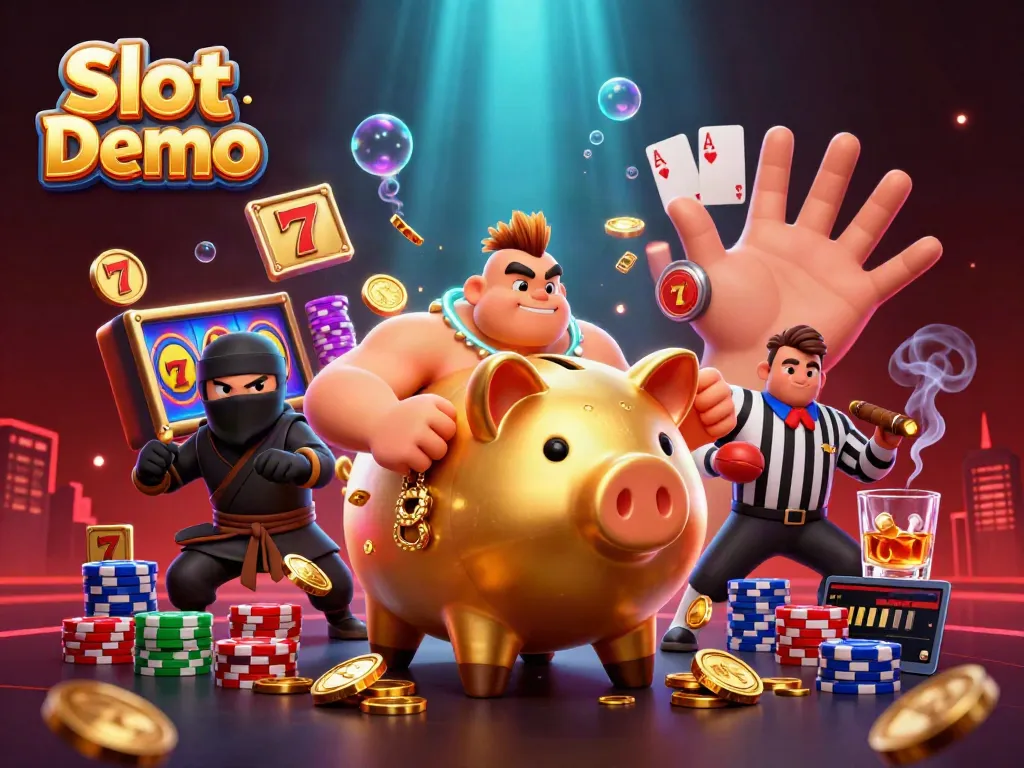 Engage with Slot Demo's exciting slot reels and golden coins during a thrilling gaming showdown.