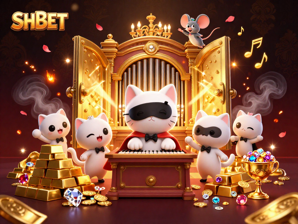 Engage with the glamorous SHBET casino scene featuring a magical organ cat, mouse acrobat, and sparkling treasures.