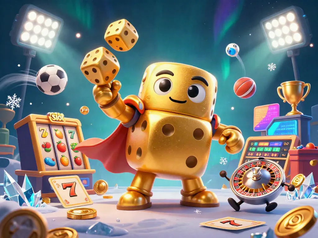 Slot berkelas dengan karakter dadu emas raksasa dan elemen permainan kasino yang menarik.