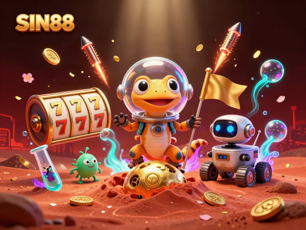 SIN88 gaming adventure with a Martian gecko uncovering a hidden casino treasure on Mars.
