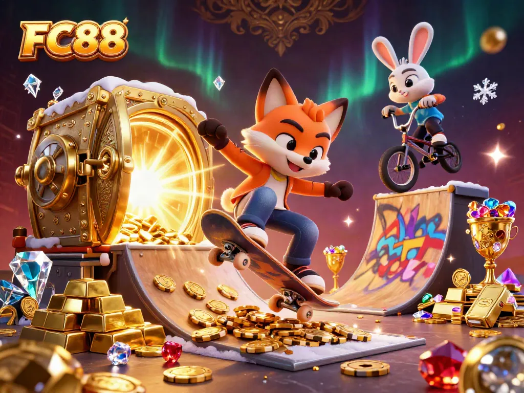 FC88 skateboarders in a casino-themed illustration featuring vibrant poker chips, gems, and gold coins.