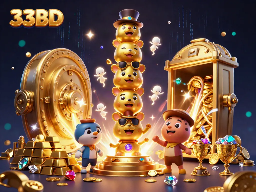 Experience engaging gaming at 33BD with a vibrant 3D casino scene packed with gems and treasures.