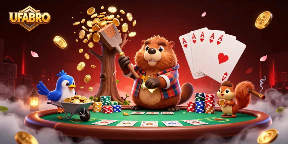 Experience UFABRO's thrilling world of online gambling with cartoon characters amidst dynamic casino scenes.