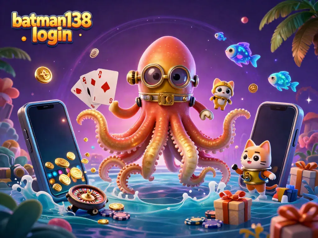 Engage with batman138 login featuring a kraken, diving cat, and underwater treasures in a vibrant scene.