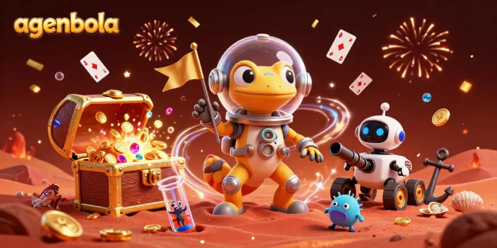 Agenbola visual with a cartoon Martian gecko and robot in a golden casino scene, showcasing gold treasures and cards.