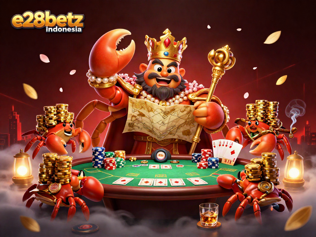 Gambarkan momen menarik bermain poker di e28betz.com Indonesia dengan kepiting emas dan krustasea lainnya.