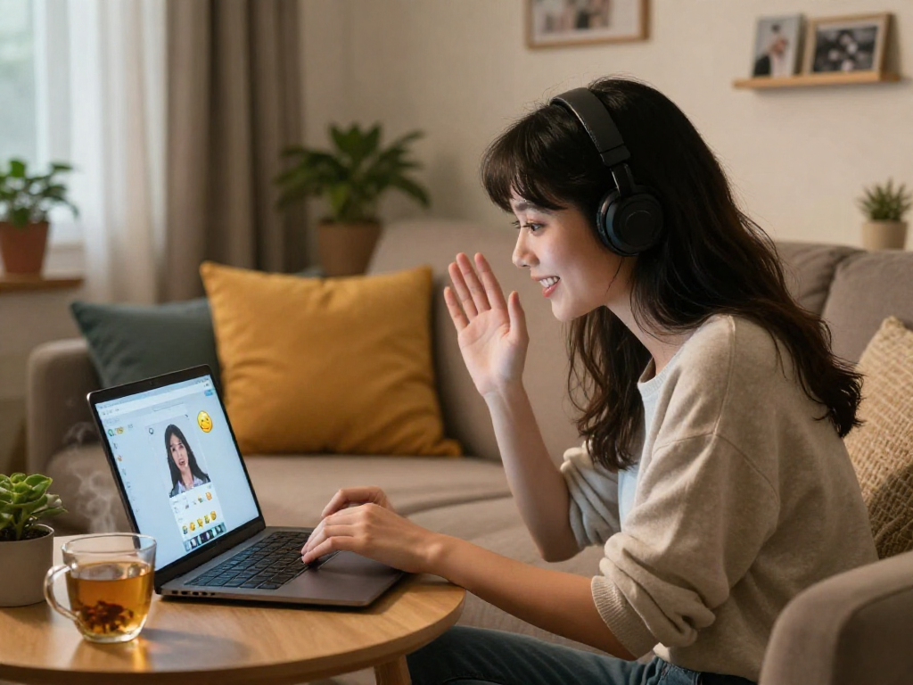 Engaging woman enjoying a porn AI chat on her laptop in a cozy home setting.