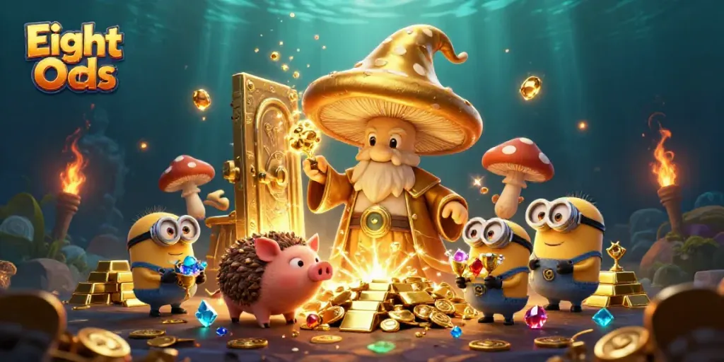 Experience the magic of casino gaming with Eight Odds featuring a golden wizard, treasure, and vibrant jewels.