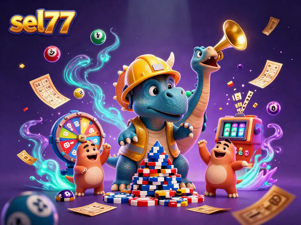 Win exciting prizes with sel777 at a vibrant 3D casino adventure featuring triceratops and lottery elements.