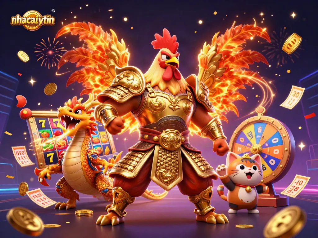Win big now with nhacaiuytin's 3D digital casino illustration featuring unique characters and gaming elements.