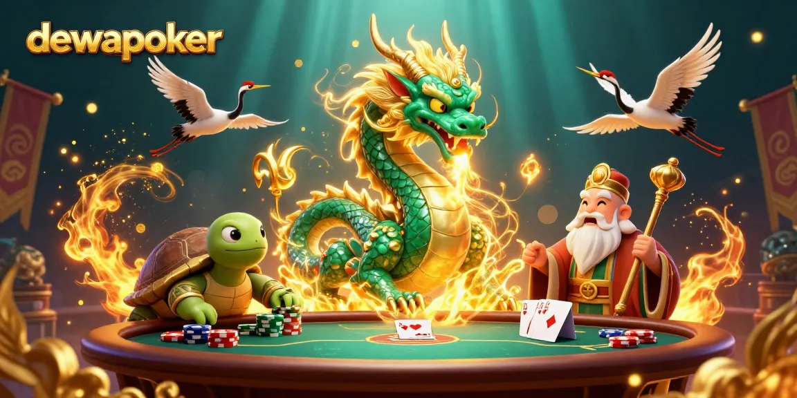 Dewapoker showcases a vibrant poker scene featuring a jade dragon and other magical elements