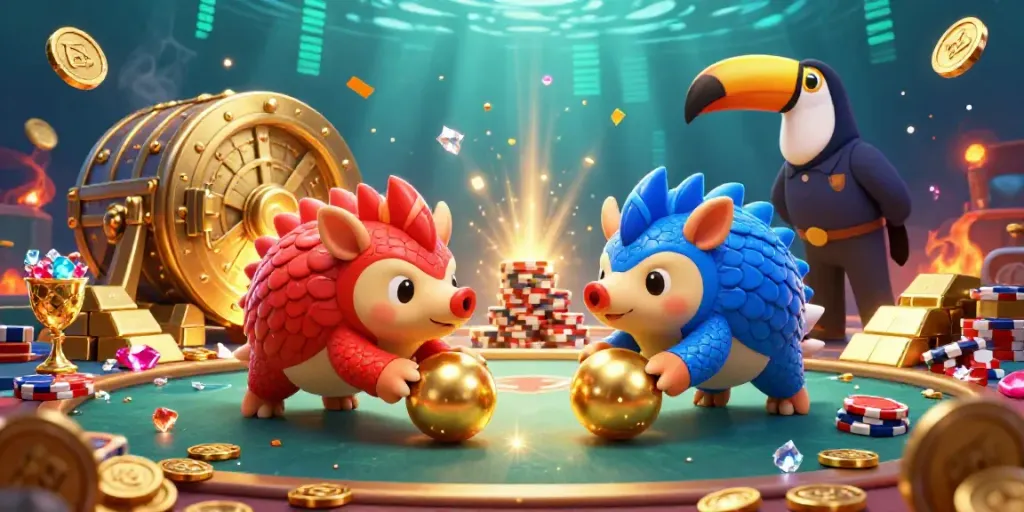 Rival pangolins bermain mahjong dengan chip poker dan efek cahaya berkilau di sekelilingnya.