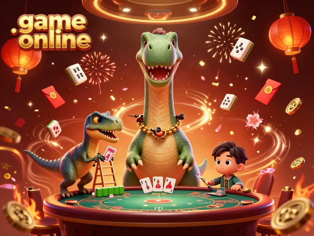 Enjoy rich visuals showcasing game online excitement with a giant brontosaurus and raptor dealer.