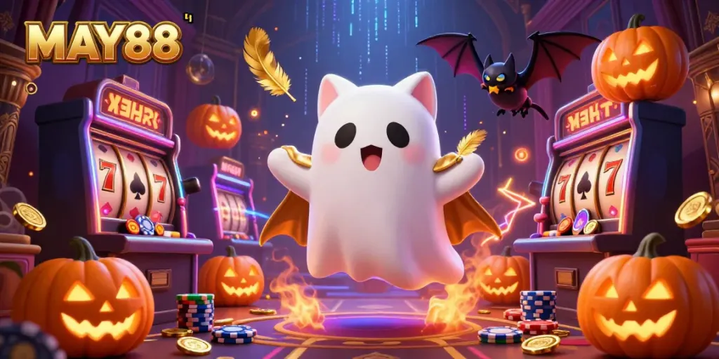 MAY88's haunted casino scene showcases a ghost cat and a vampire bat surrounded by glowing poker-themed jack-o-lanterns.