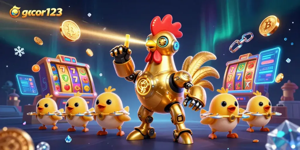 Engage with gacor123's thrilling gaming experience featuring a golden rooster robot amidst vibrant slot games.
