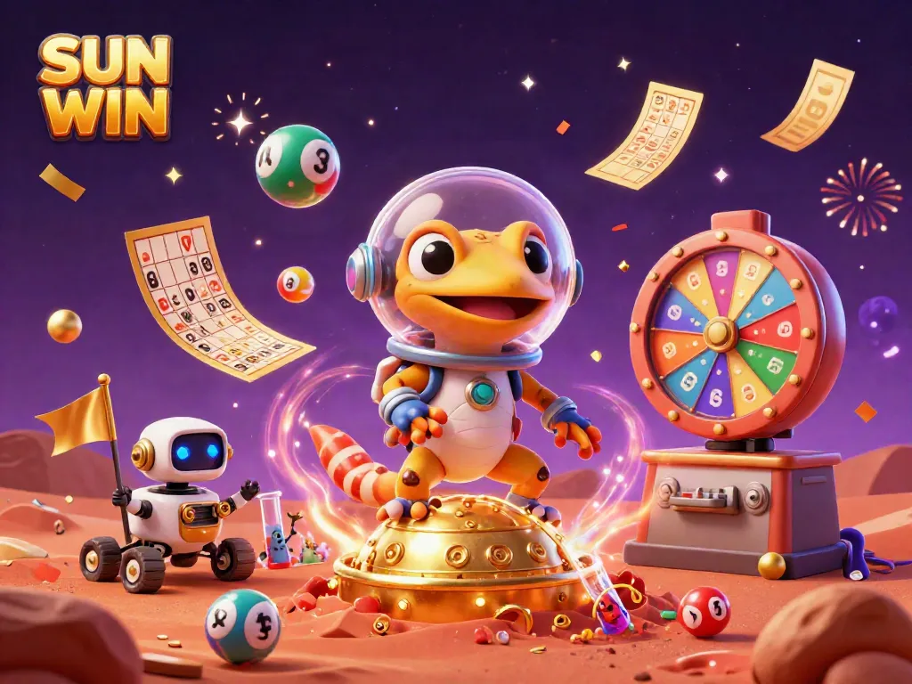 SUN WIN Martian gecko discovers a vibrant casino in a dynamic 3D illustration, showcasing excitement and gaming elements.