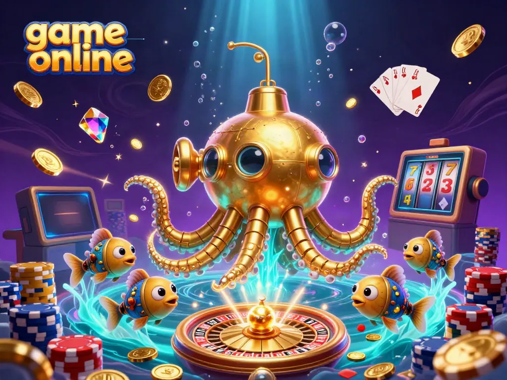 Experience the thrill of game online with a vibrant 3D scene featuring a golden kraken submarine and sparkling casino elements.
