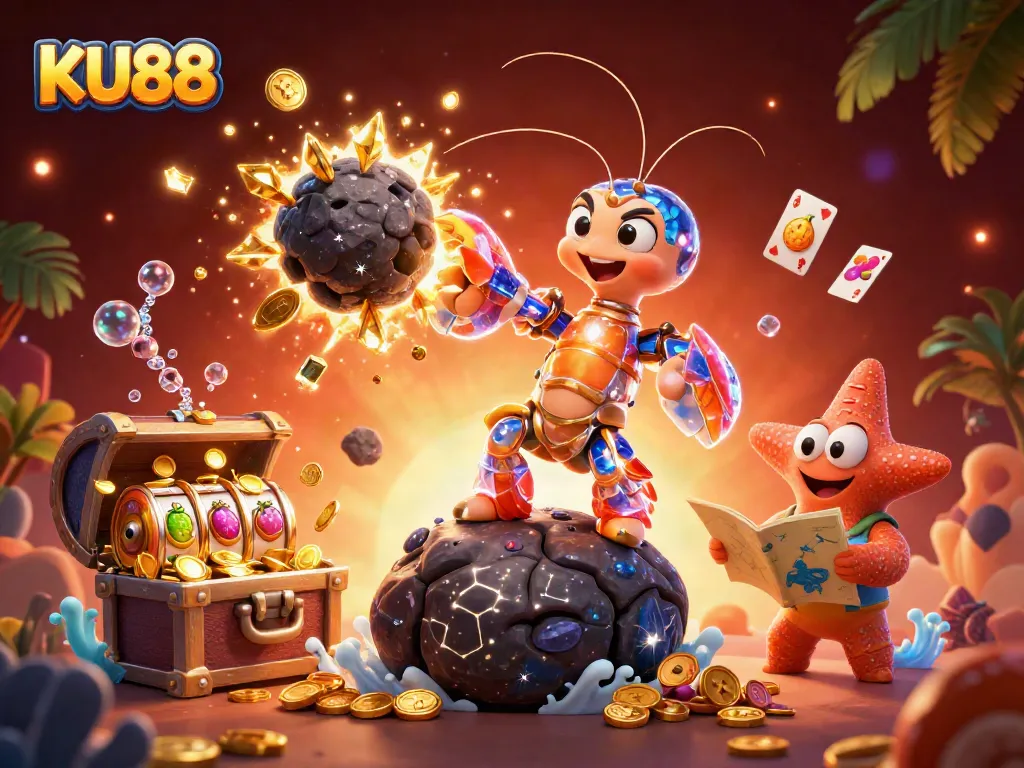 KU88 showcases a galactic theme with a mantis shrimp in dynamic action amidst exploding treasures and slot elements.