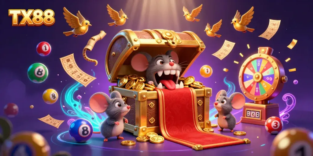 Engage with TX88's thrilling gaming experience filled with colorful lottery elements and treasures.