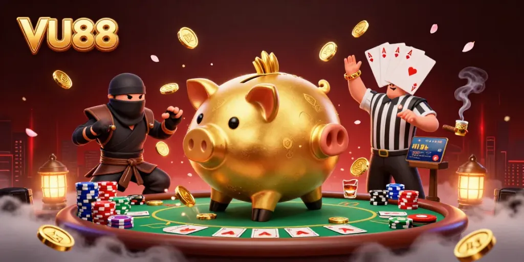 Experience thrilling gameplay at VU88 with a lively 3D casino scene showcasing excitement and action.