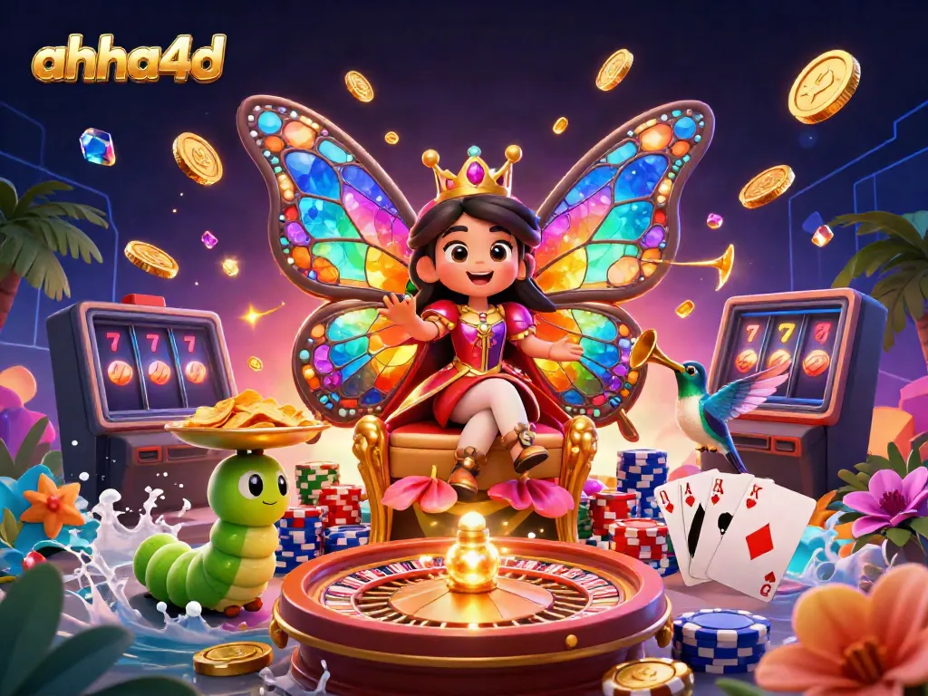 Experience thrilling gameplay with ahha4d's enchanting butterfly queen and vibrant casino elements