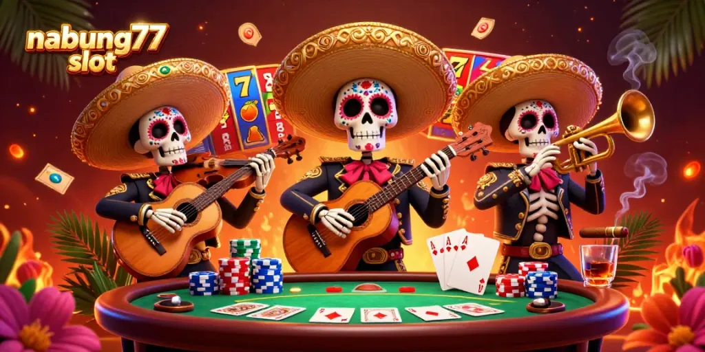 Engage with nabung77 slot in this vibrant casino scene featuring a Dia de los Muertos mariachi band and colorful gaming elements.