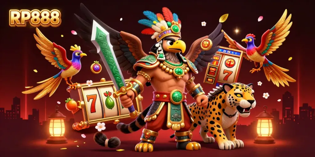 Spin the reels with RP888's vibrant 3D casino illustration featuring dynamic slot game elements.