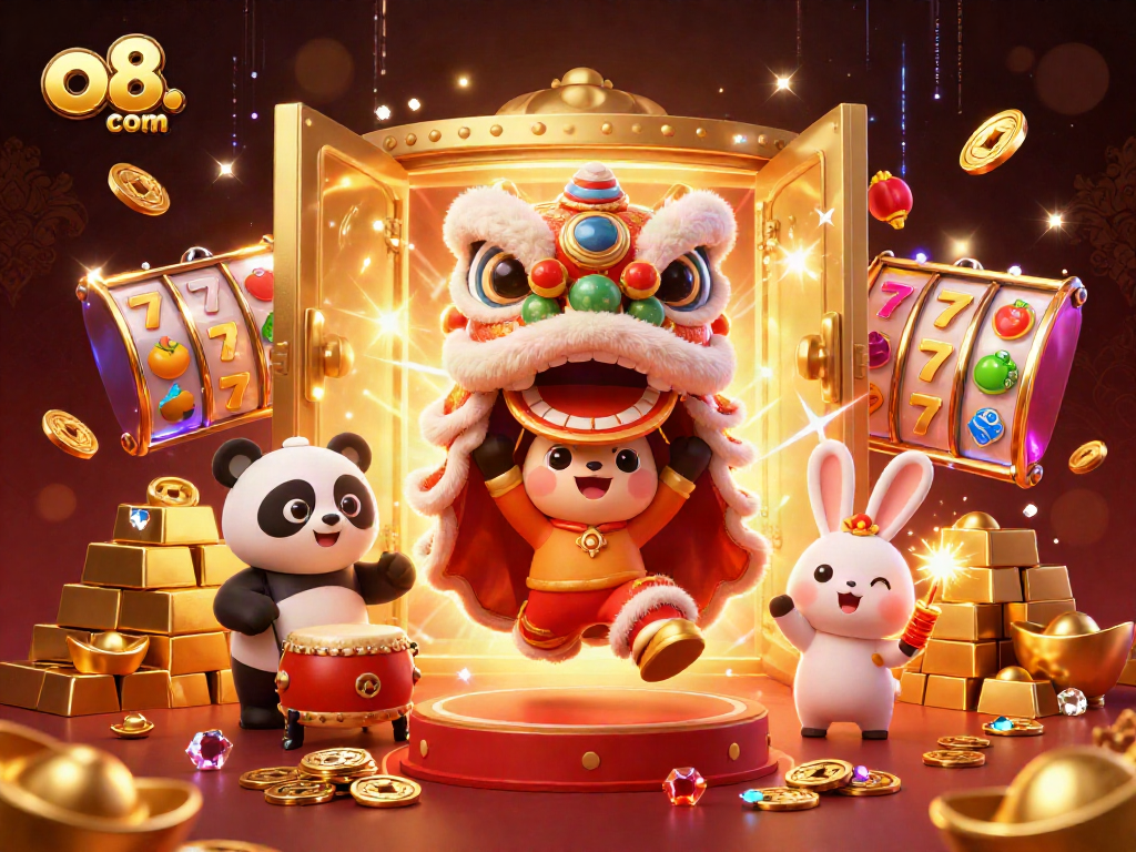 Experience vibrant winning action with o8. com featuring 3D lion dance, slot reels, and golden treasures.