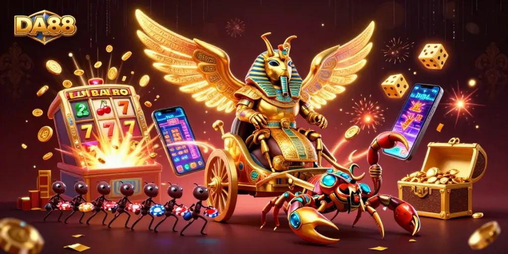 DA88 players engage with a dynamic casino scene featuring golden scarab characters and bursting jackpots