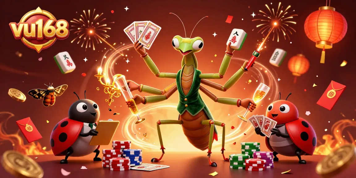 Experience exciting gambling at vu168 with a dynamic scene featuring charming characters and vibrant casino elements.