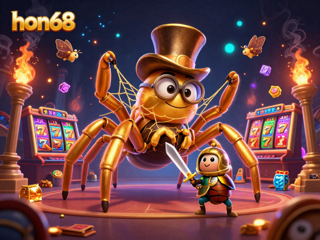 Spin to win exciting prizes at hon68 with a golden tarantula and beetle knight in a vibrant casino scene.