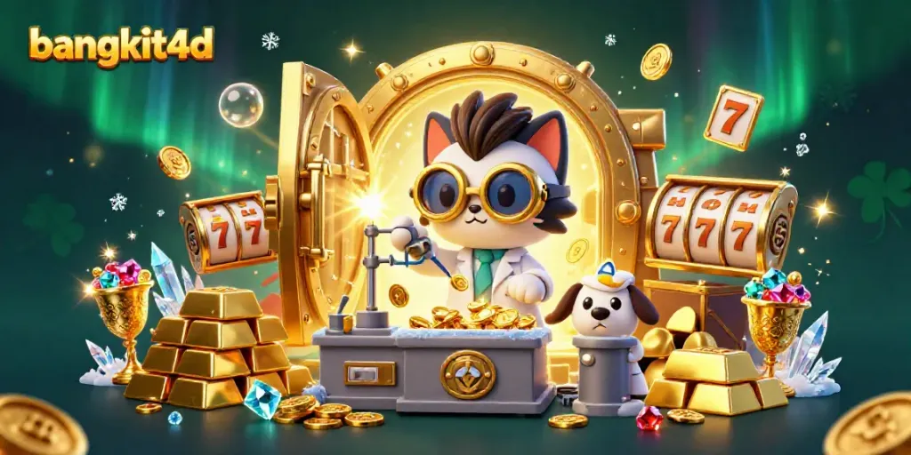 Permainan slot menguntungkan di bangkit4d, dengan kucing ilmuwan dan anjing asistennya penuh koin emas.
