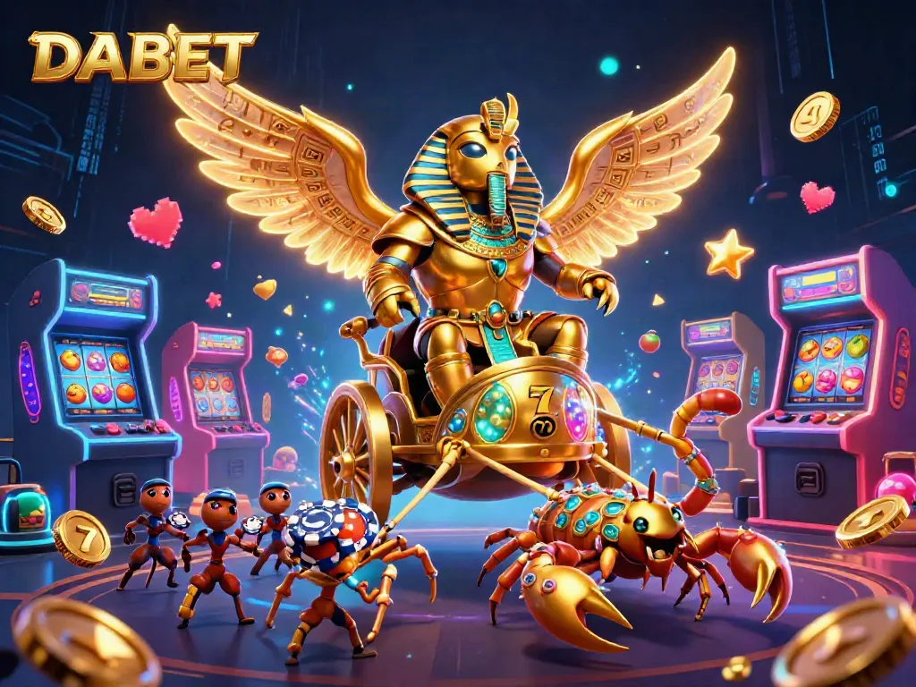 DABET's captivating 3D illustration showcases a golden scarab beetle in pharaoh armor amid vibrant casino elements.