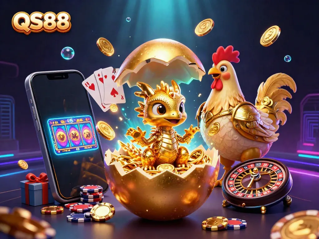 Experience the excitement of QS88 with a dynamic scene showcasing a golden dragon and vibrant casino elements.