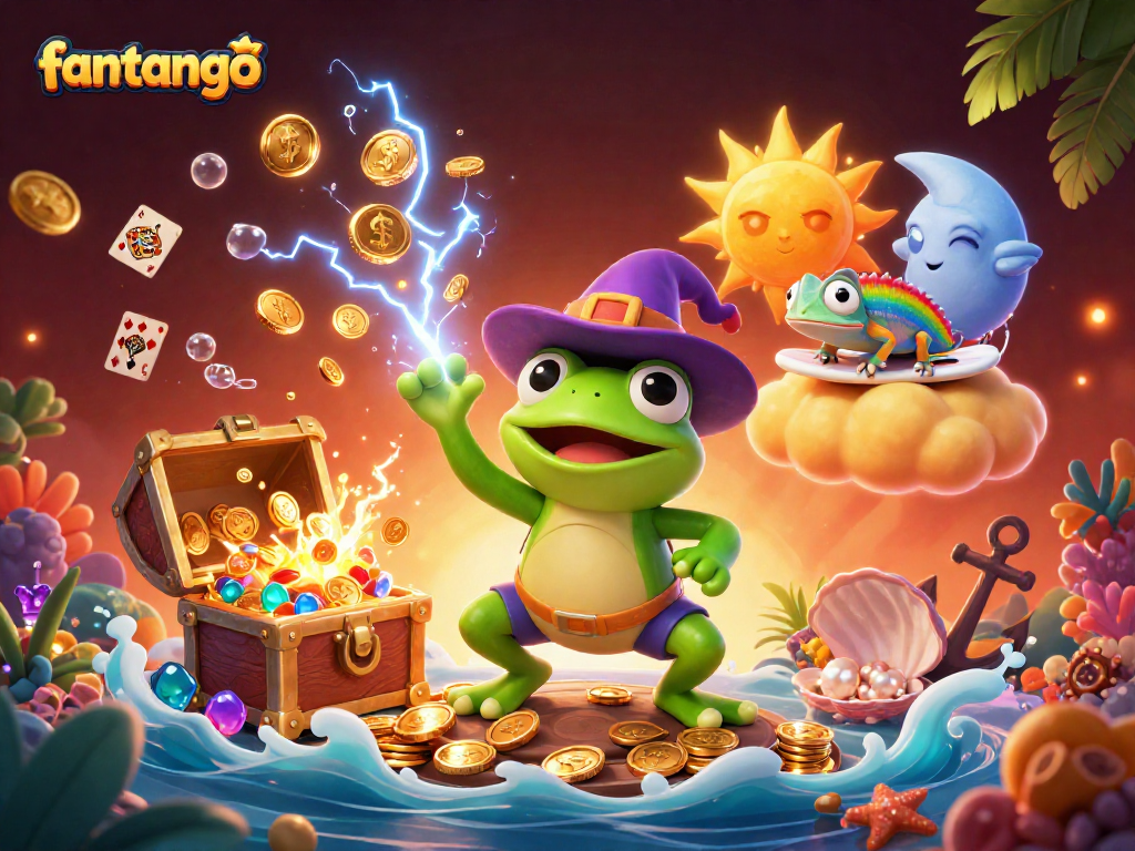 Experience the thrill of fantango as a weather wizard frog conjures gold coins in a vibrant casino scene.