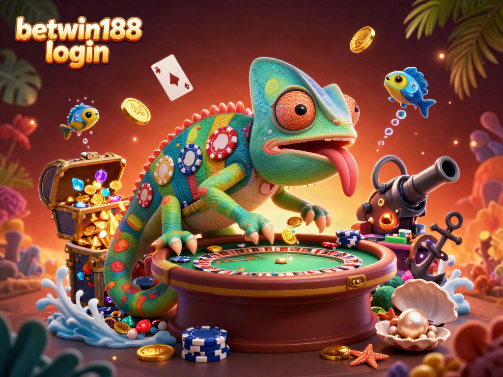 Engage with the vibrant betwin188 login scene featuring a chameleon casino owner collecting golden coins.