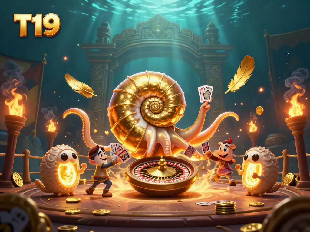 Experience thrilling wins at T19 with an ancient nautilus roulette wheel and glowing cards.
