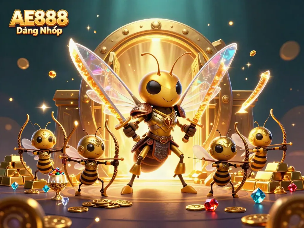 Engage in thrilling gameplay with AE888 Đăng Nhập featuring gold treasures and vibrant casino elements.