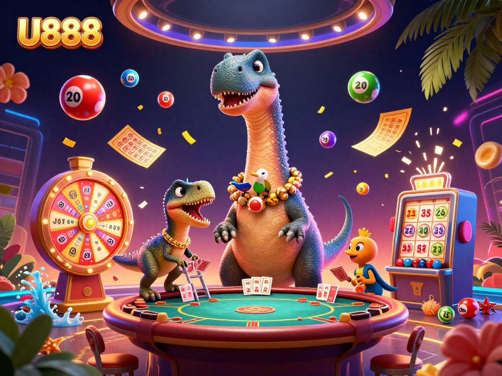 Experience the thrill of U888 with a lively casino scene featuring vibrant lottery elements and dynamic characters.