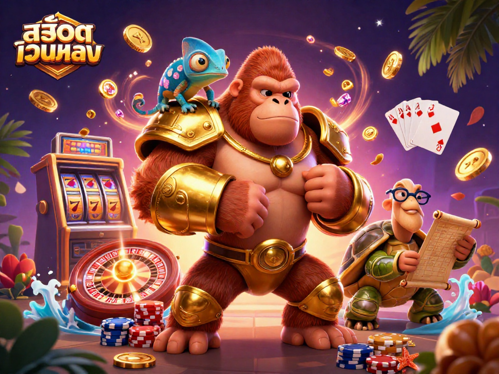 Play slots and win at สล็อตเว็บตรง with an exciting 3D casino illustration featuring vibrant characters and game elements.