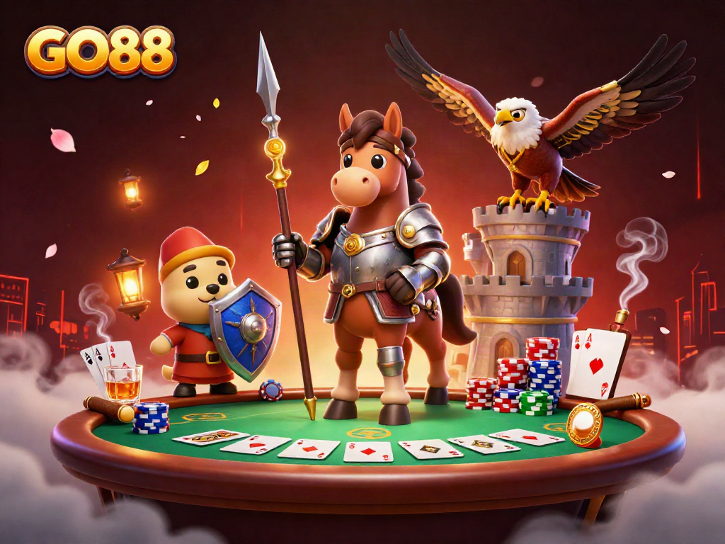 Experience GO88 excitement at this vibrant poker scene with medieval characters and dynamic casino elements.