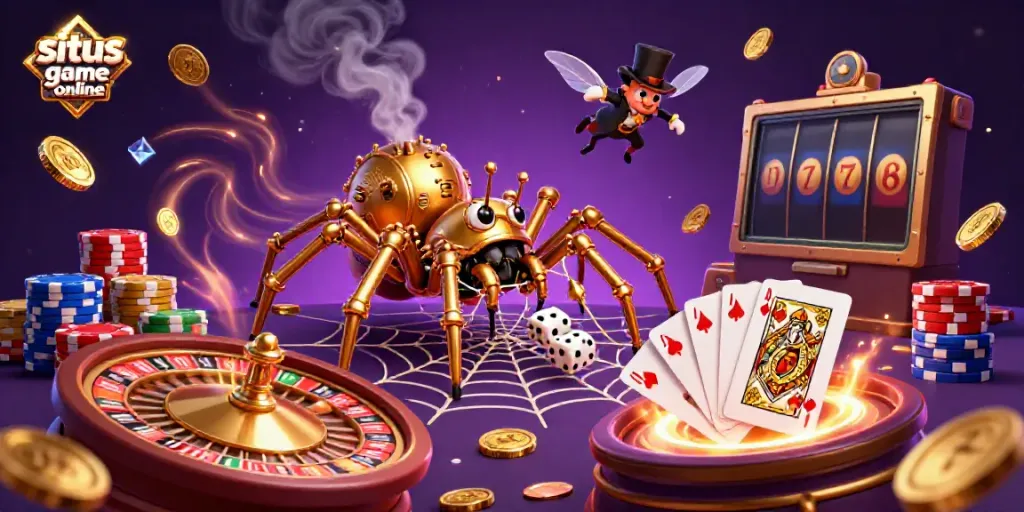 Experience the allure of situs game online with a steampunk spider capturing dice amid sparkling coins and roulette wheels.