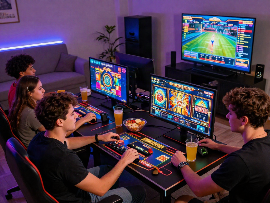 Friends enjoying an exciting bandar slot gaming session in a lively atmosphere, capturing excitement and camaraderie.