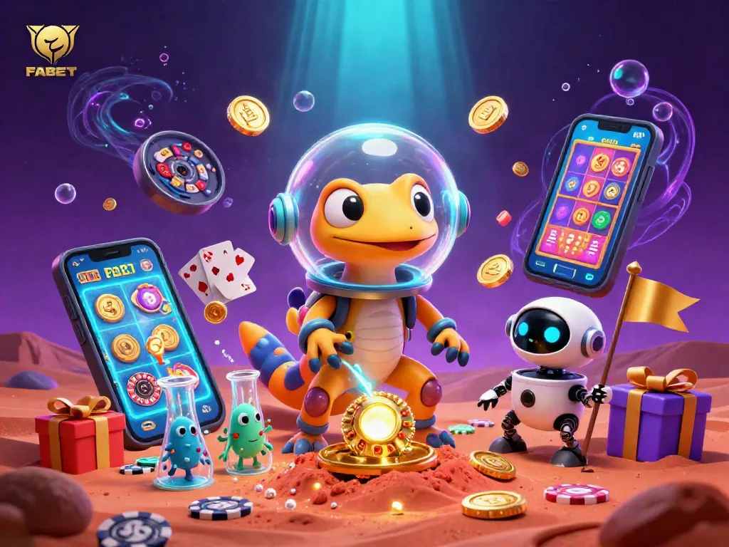 FABET engages players with a vibrant casino scene, featuring cheerful aliens and a retro Martian gecko.